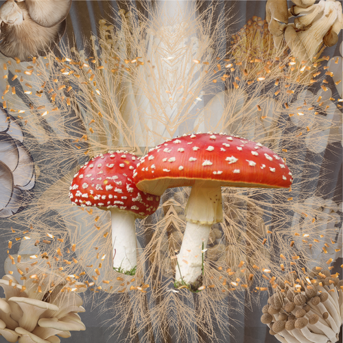 Amanita Muscaria, Contains Speck's "Kara's Treetop Snowflake green" and several layers of mushrooms, featuring the holiday mushroom "Amanita Muscaria" -- using Canva.